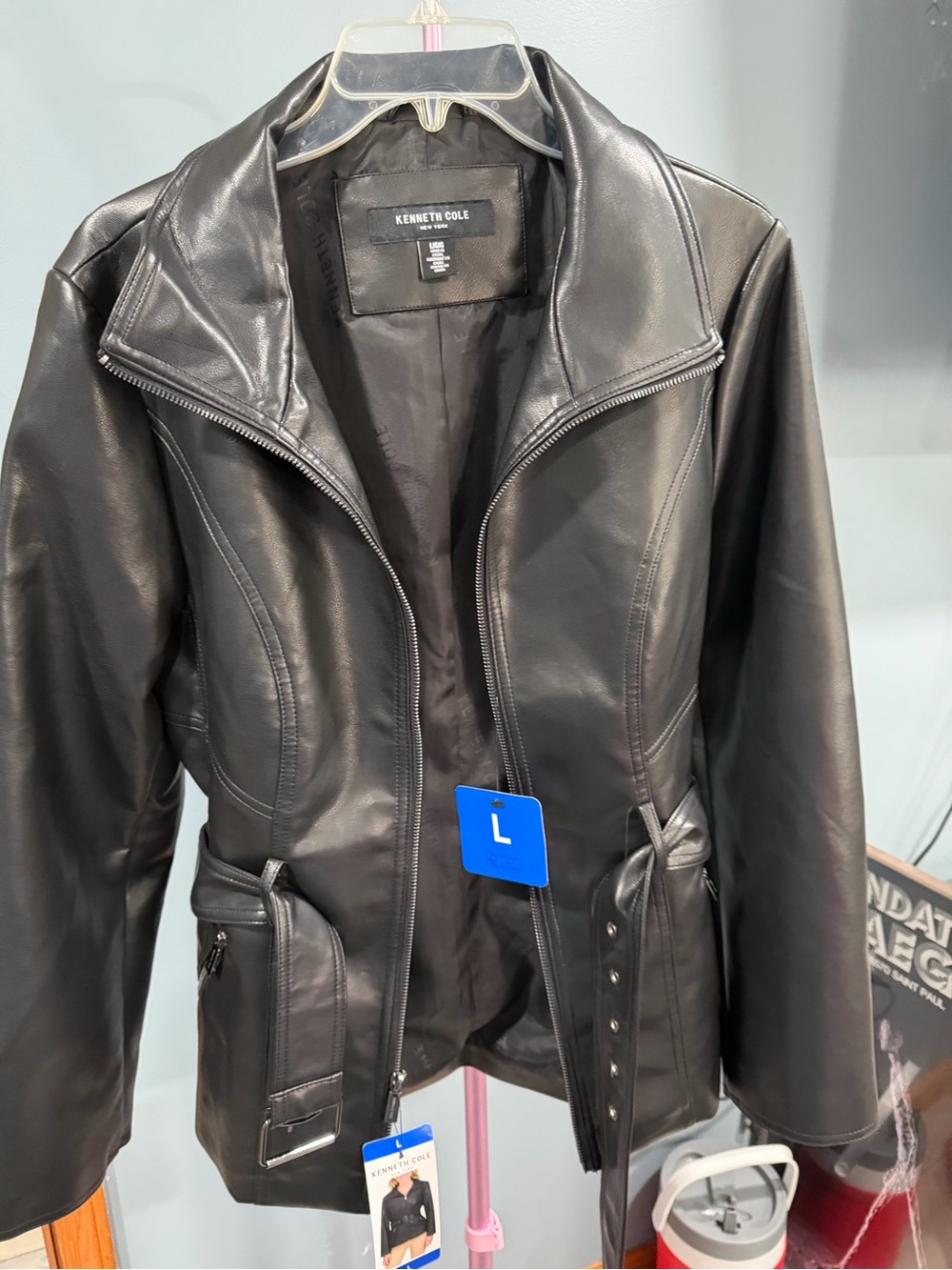 Kenneth Cole Black Leather Belted Zip Jacket